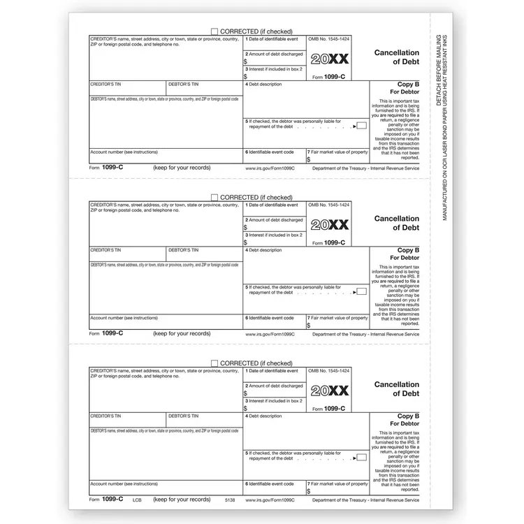 Laser 1099-C Tax Forms - Copy B