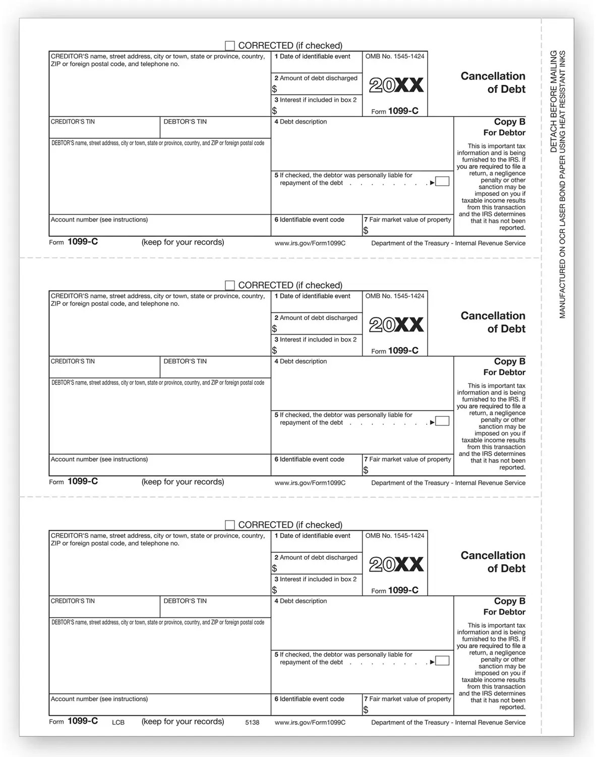 Laser 1099-C Tax Forms - Copy B