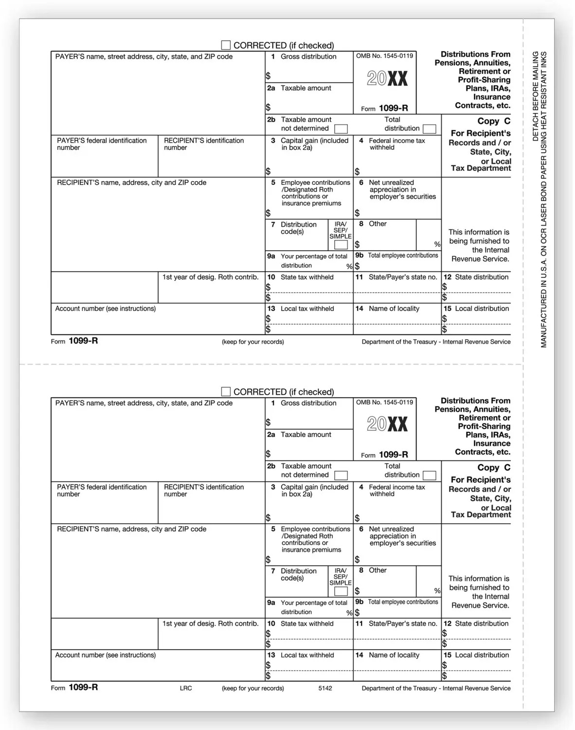 Laser 1099-R Tax Forms - Recipient/State/City/Local Copy C