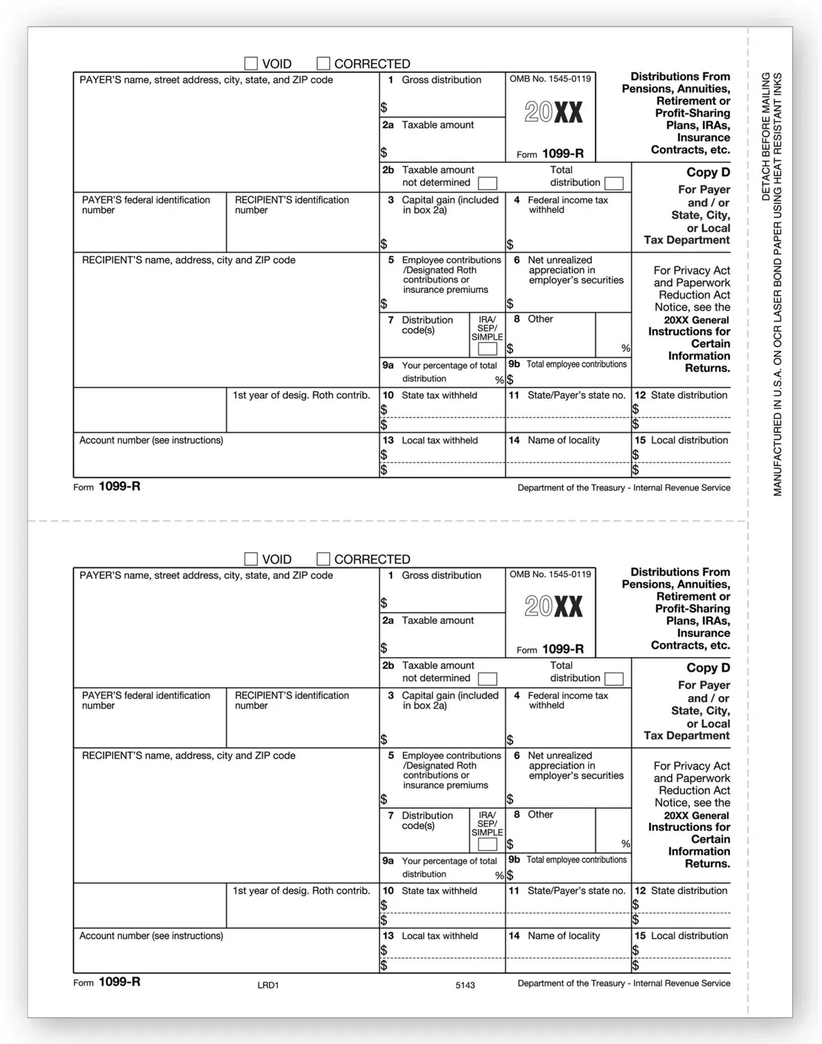 Laser 1099-R Tax Forms - Payer/State/City/Local Copy D