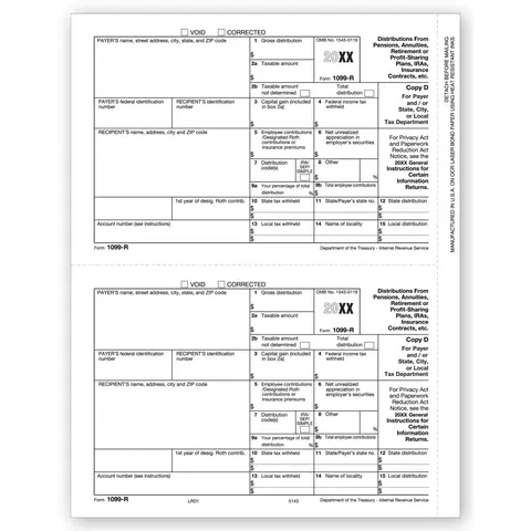 Laser 1099-R Tax Forms - Payer/State/City/Local Copy D