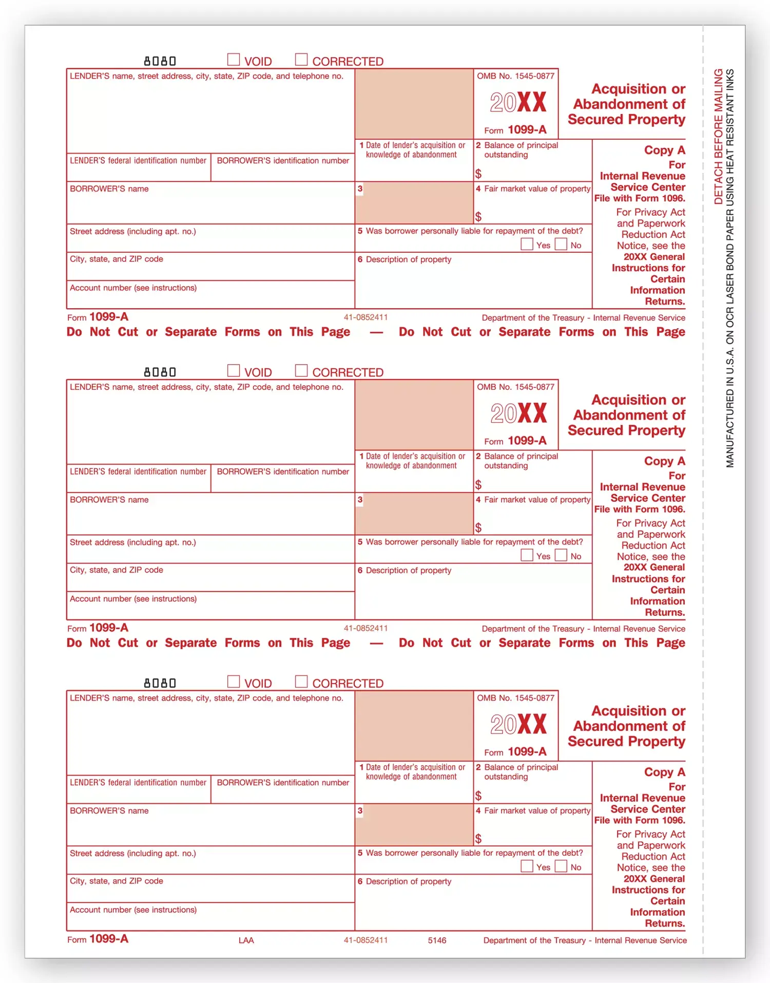 Laser 1099-A Tax Forms - Federal Copy A