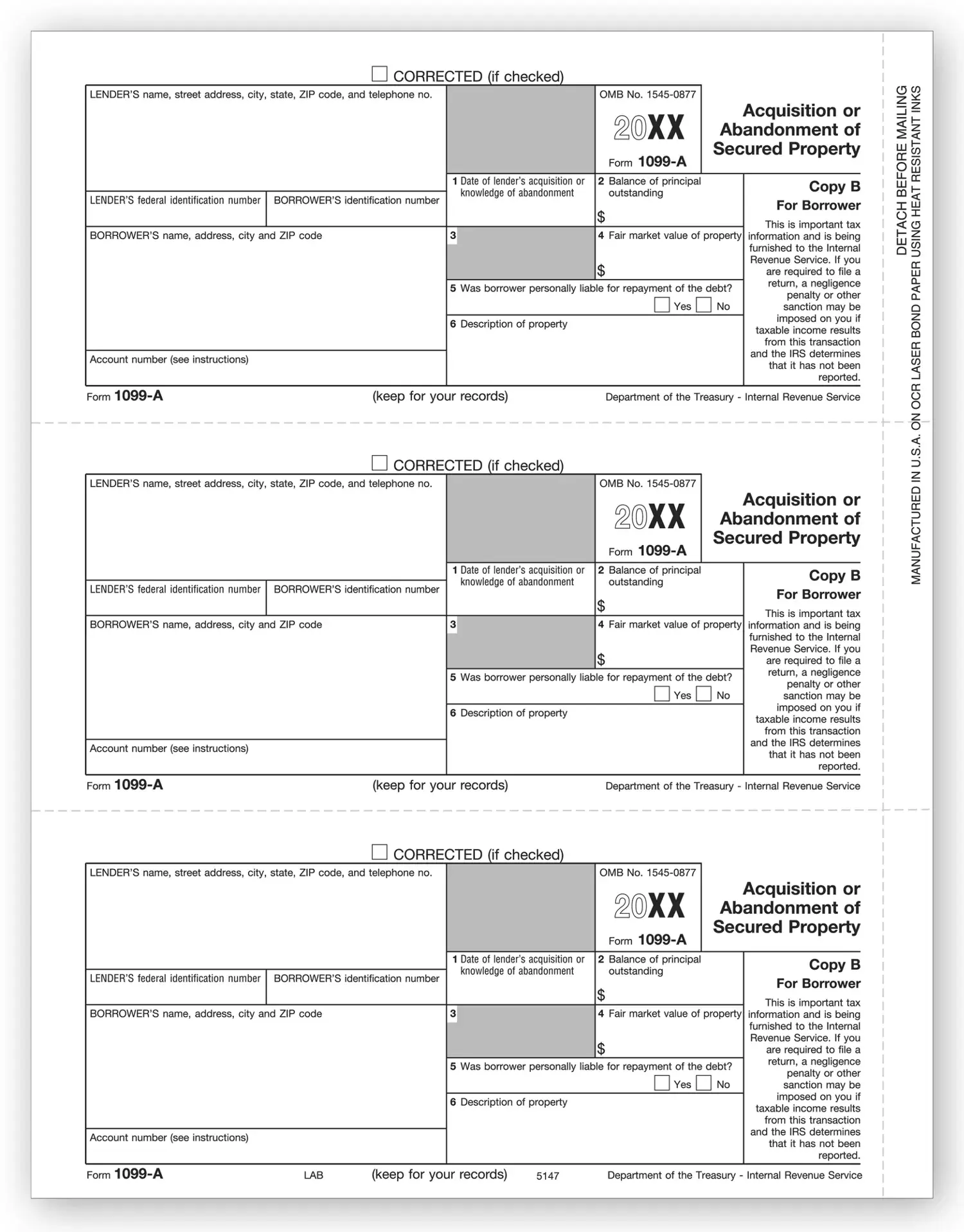 Laser 1099-A Tax Forms - Borrower Copy B