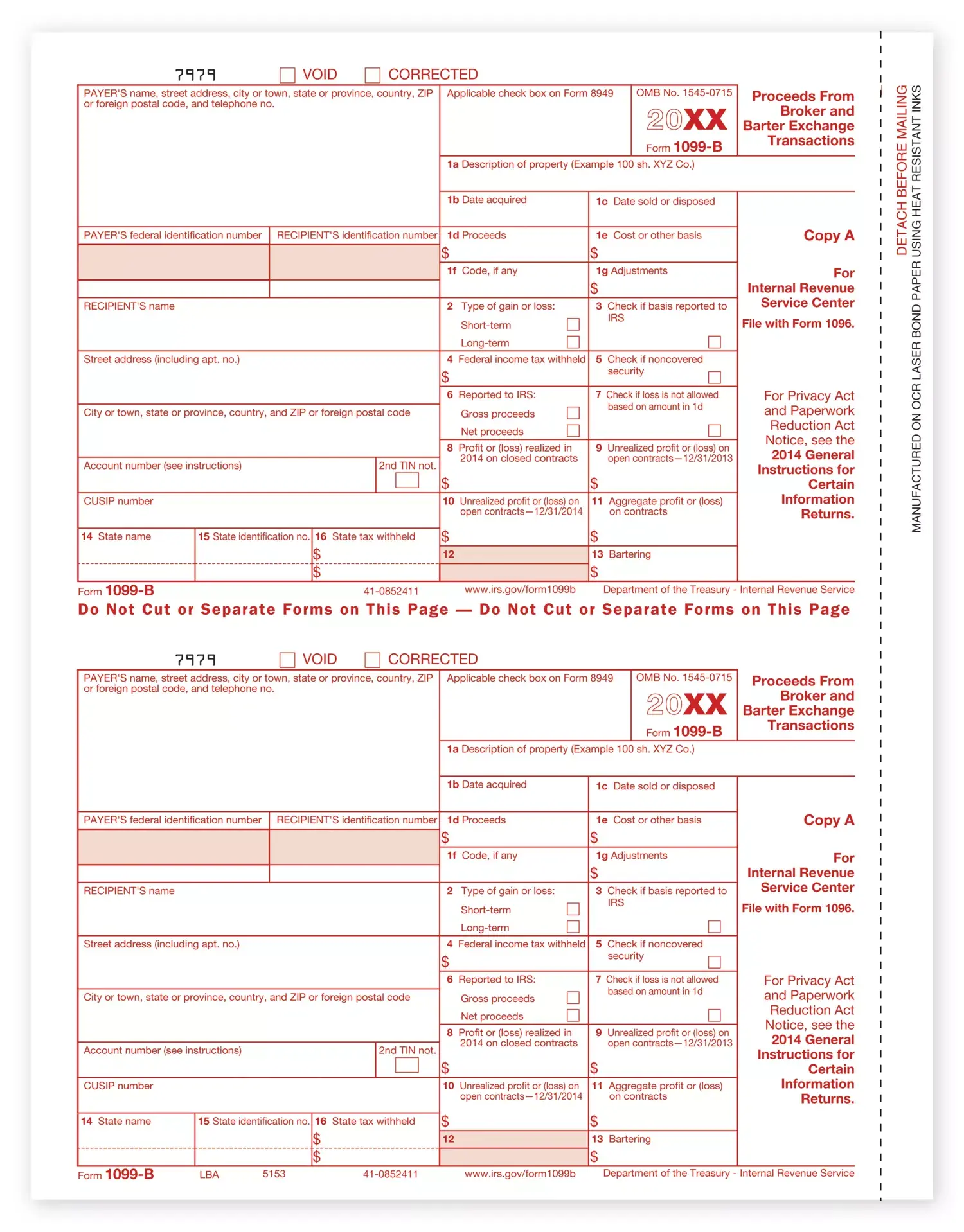Laser 1099-B Tax Forms - Federal Copy A