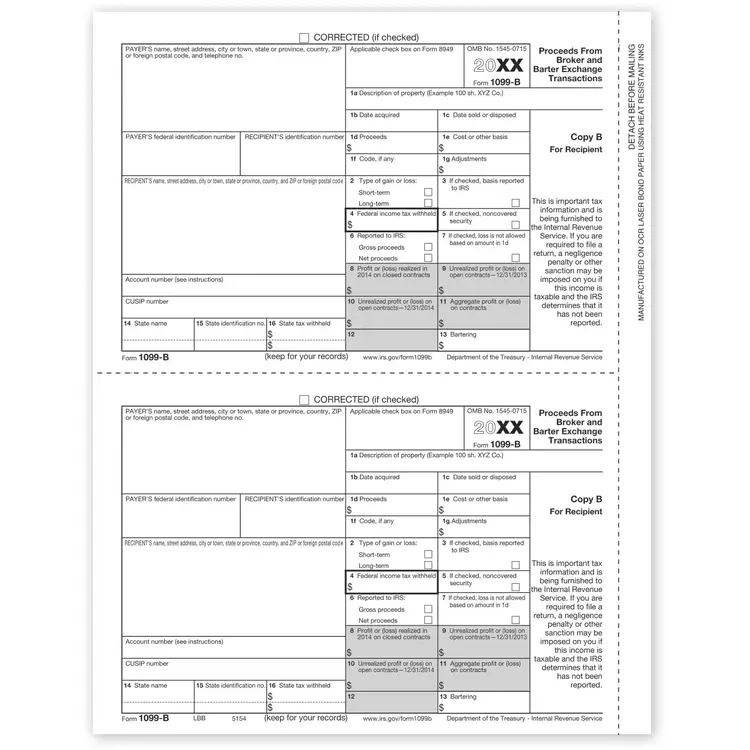 Laser 1099-B Tax Forms - Payer or Borrower Copy B