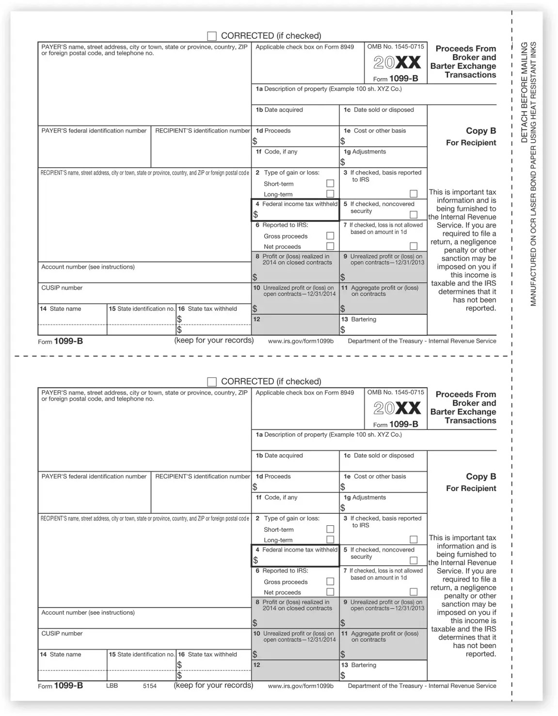 Laser 1099-B Tax Forms - Payer or Borrower Copy B
