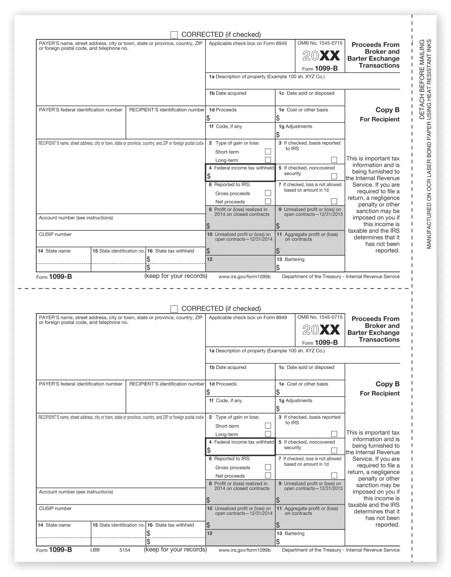 Laser 1099-B Tax Forms - Payer or Borrower Copy B