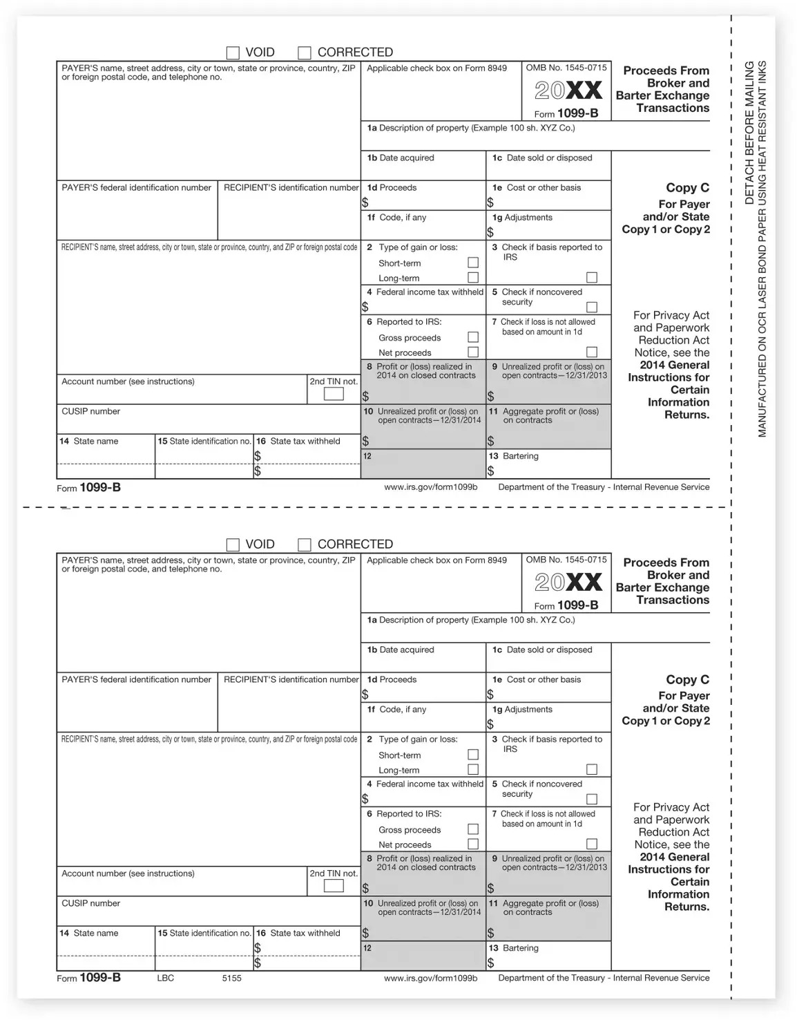 Laser 1099-B Tax Forms - Lender or State Copy C
