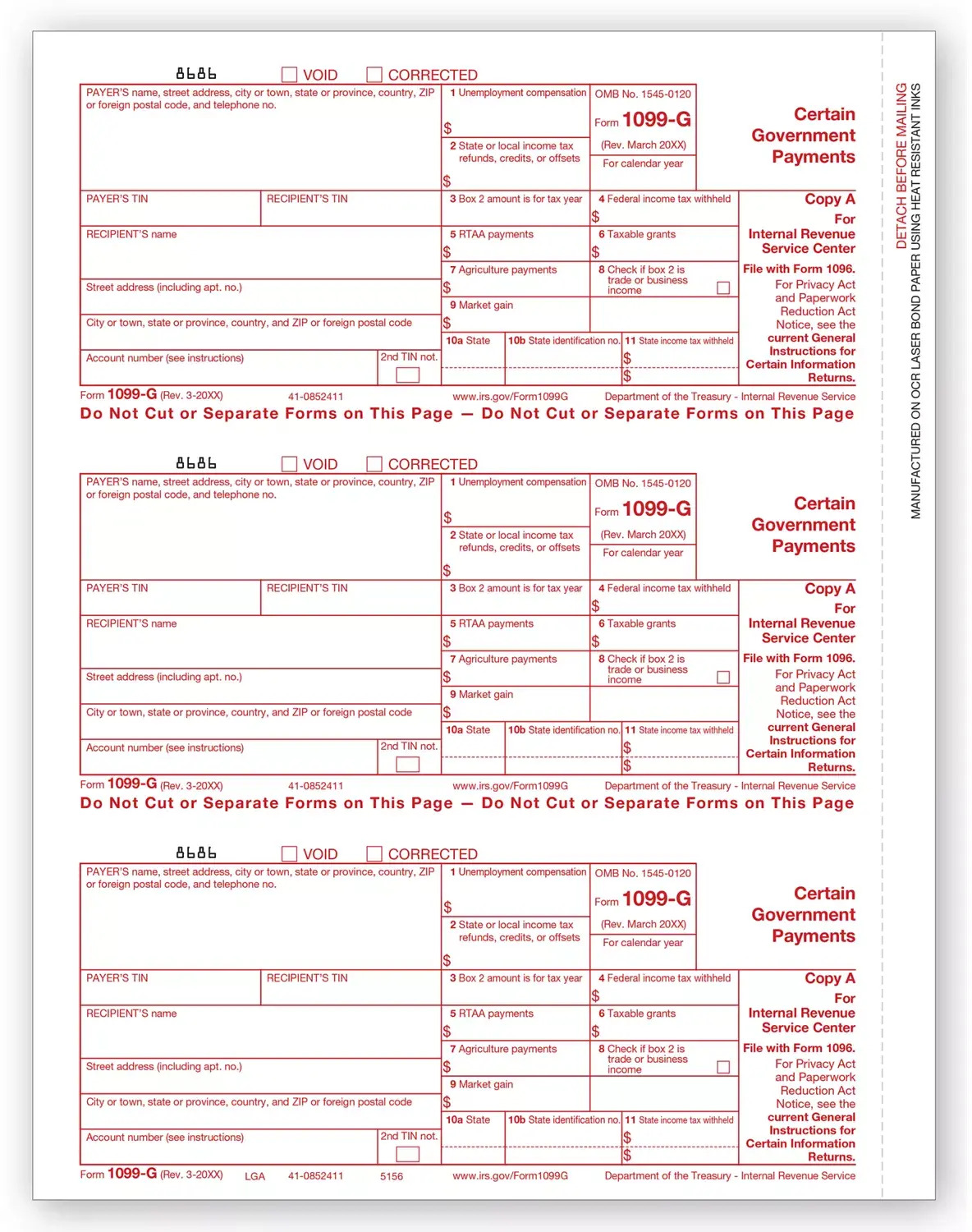 Laser 1099-G Tax Forms - Federal Copy A