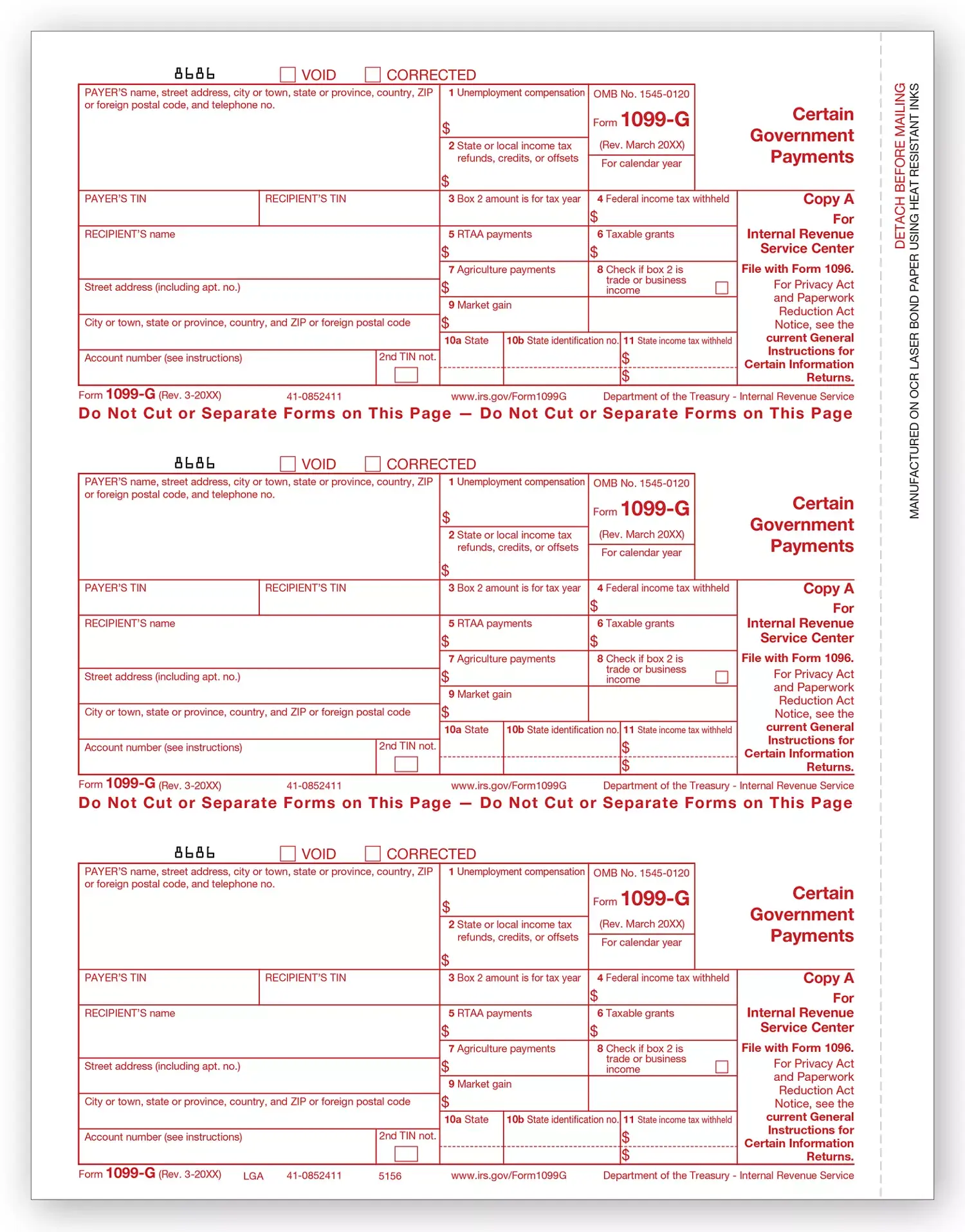 Laser 1099-G Tax Forms - Federal Copy A