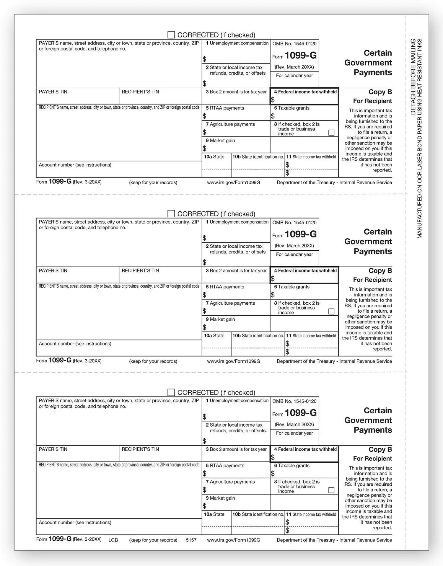 Laser 1099-G Tax Forms - Recipient Copy B