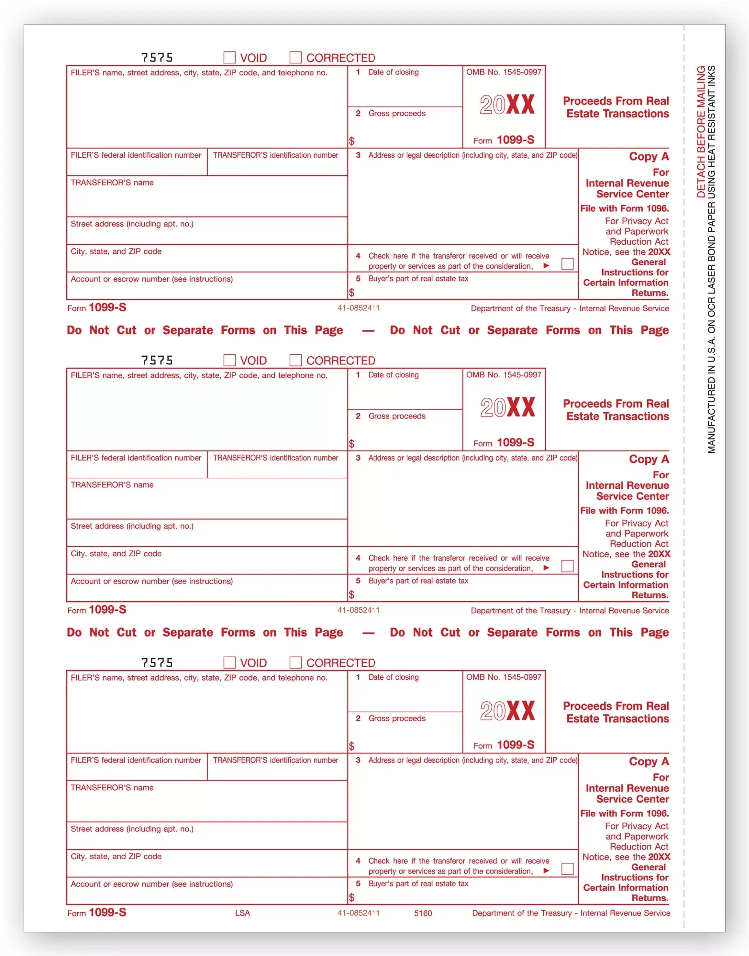Laser 1099-S Tax Forms - Federal Copy A
