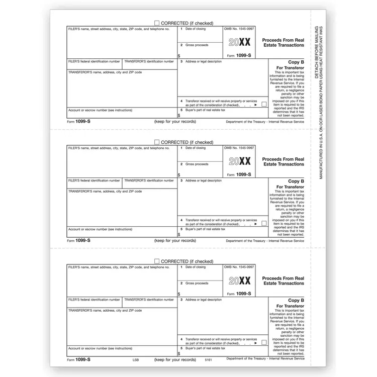 Laser 1099-S Tax Forms - Payer or Borrower Copy B