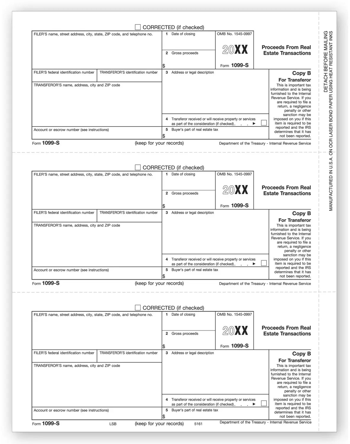 Laser 1099-S Tax Forms - Payer or Borrower Copy B