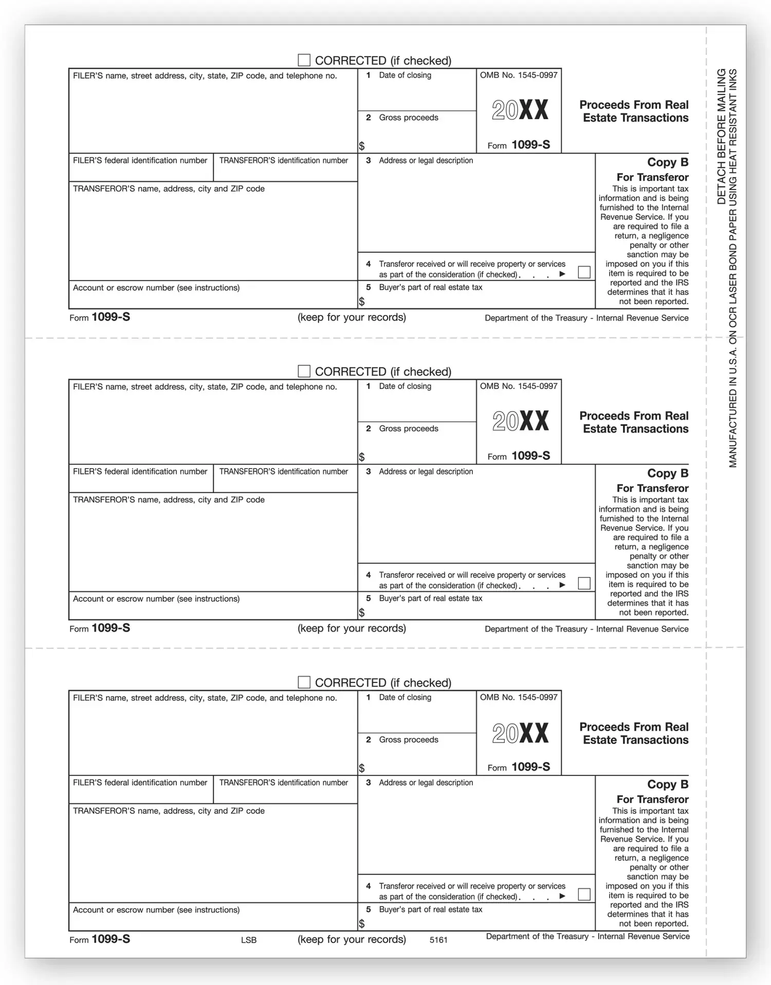 Laser 1099-S Tax Forms - Payer or Borrower Copy B