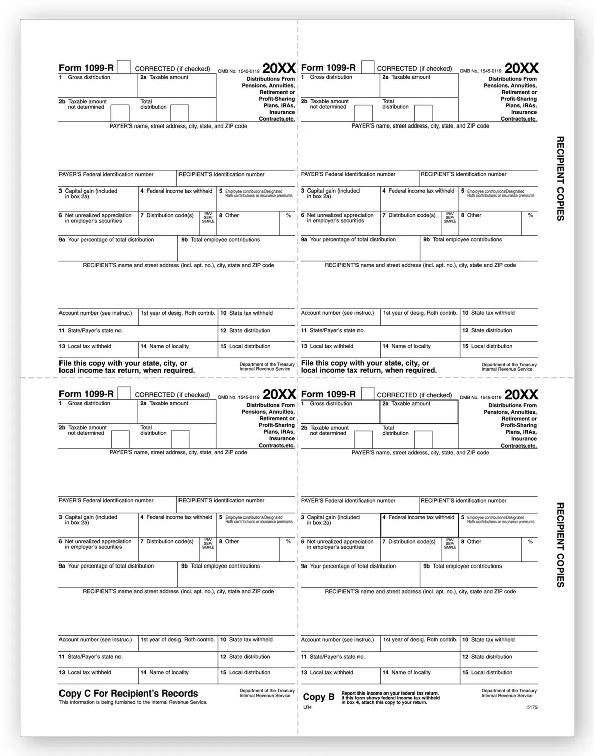 Laser 1099-R 4-Up Tax Forms - Recipient Copy B, C, 2