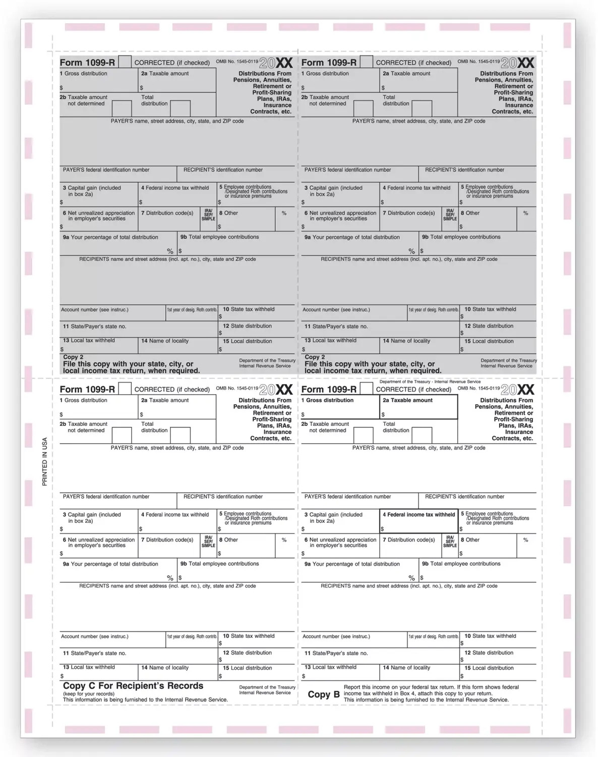 Laser 1099-R 4-Up Tax Forms - Pressure Seal