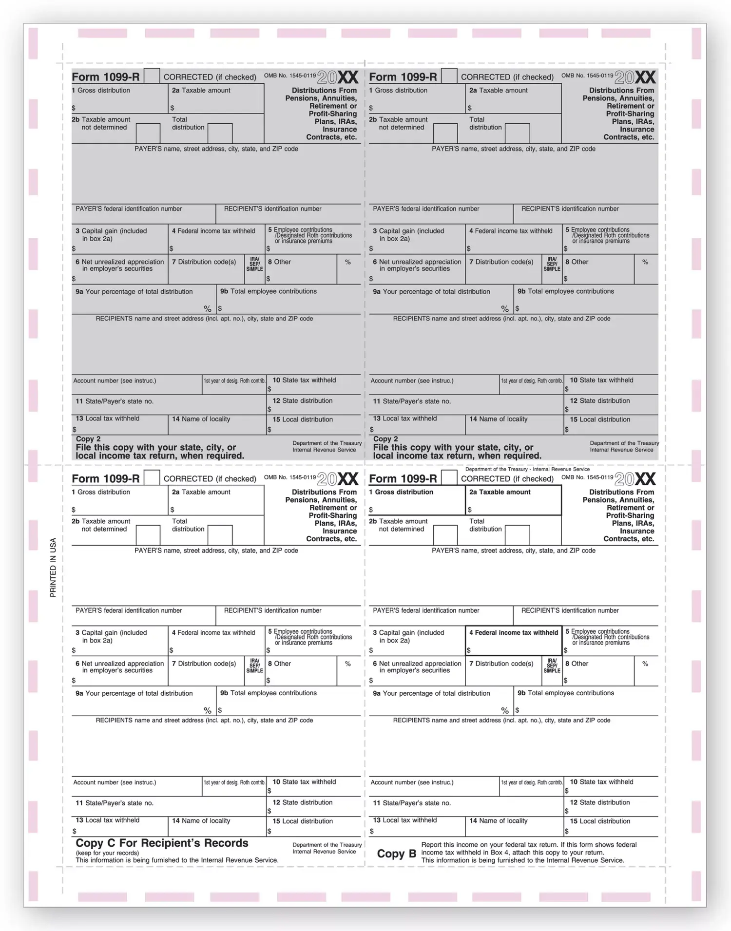 Laser 1099-R 4-Up Tax Forms - Pressure Seal
