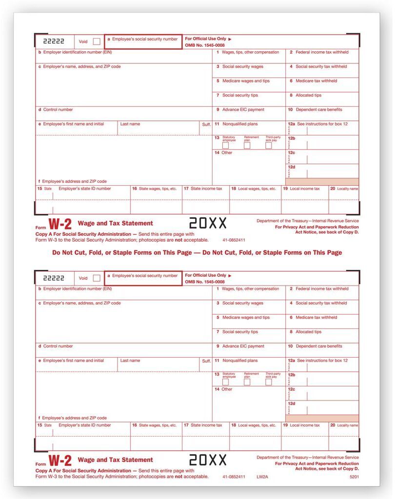 Laser W-2 Tax Forms - SSA Copy A