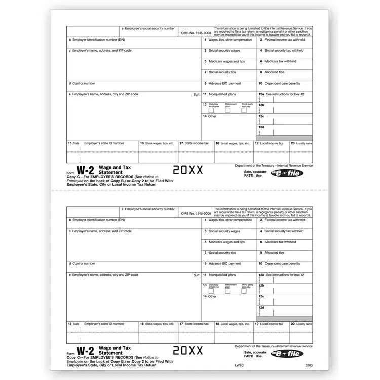 Laser W-2 Tax Forms - Employee Copy 2/Copy C