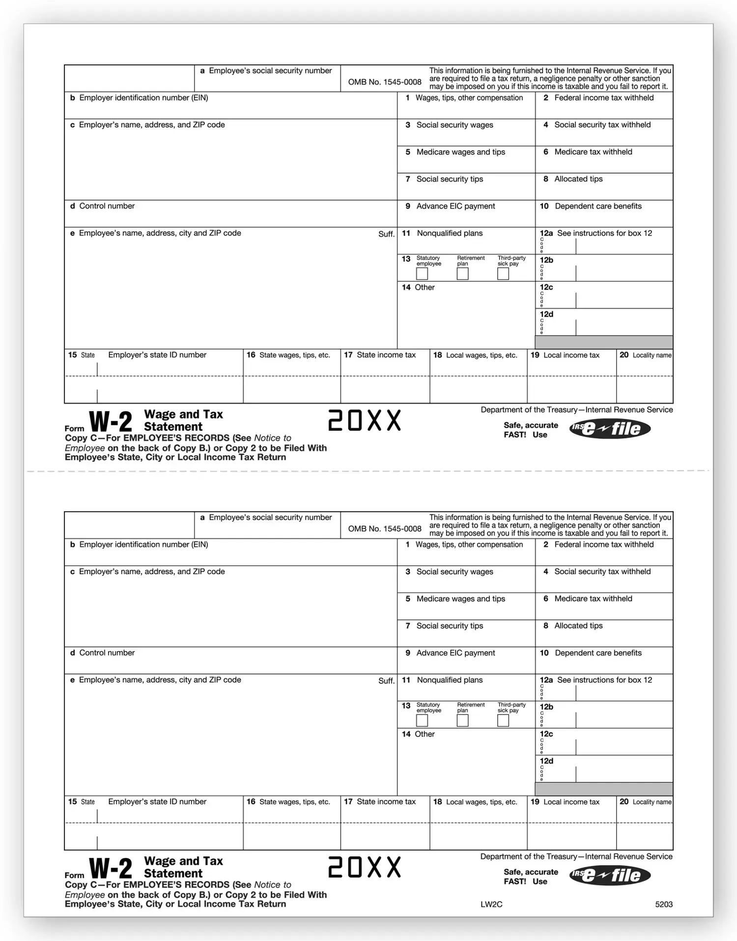 Laser W-2 Tax Forms - Employee Copy 2/Copy C