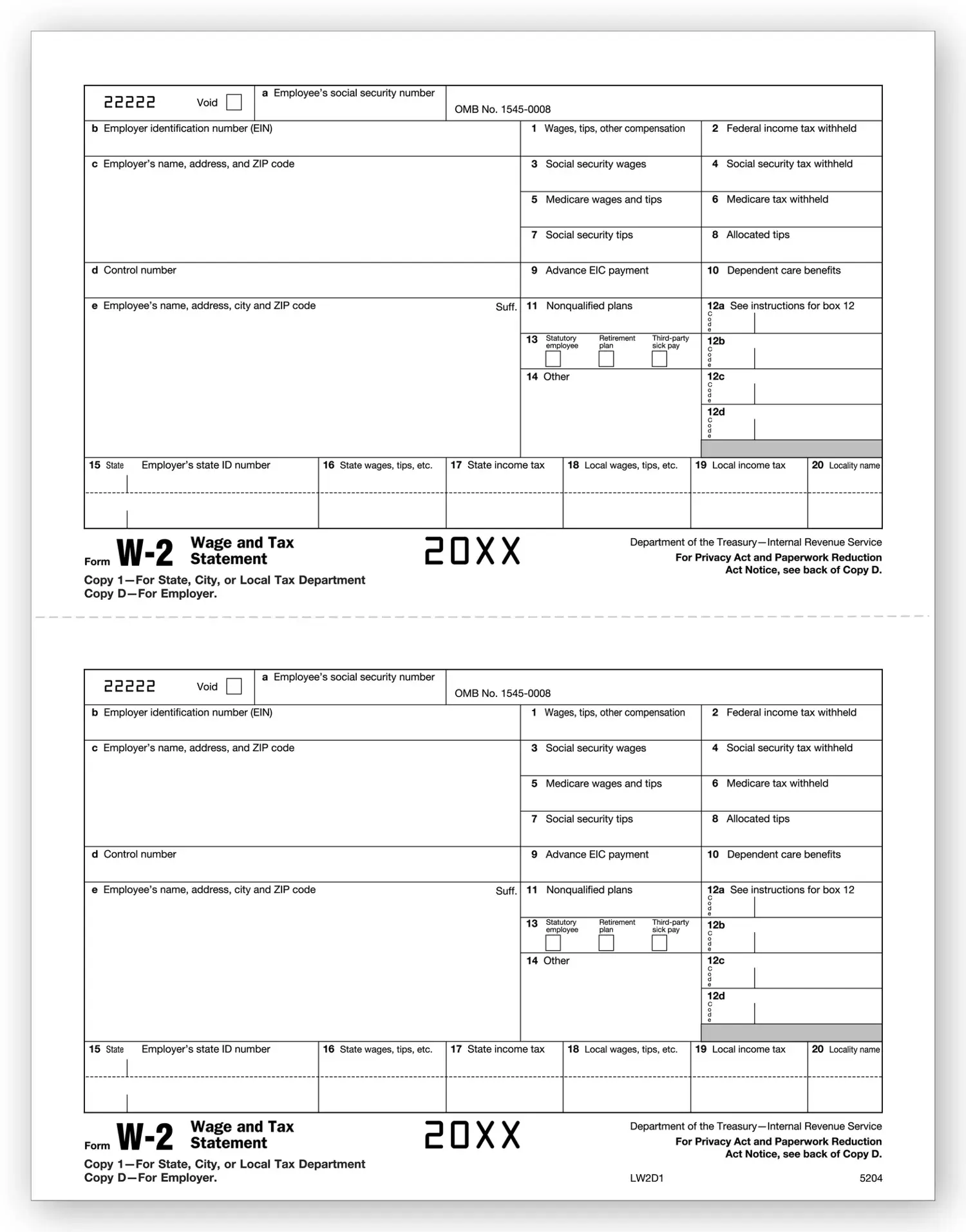 Laser W-2 Tax Forms - Employee Copy 1/D