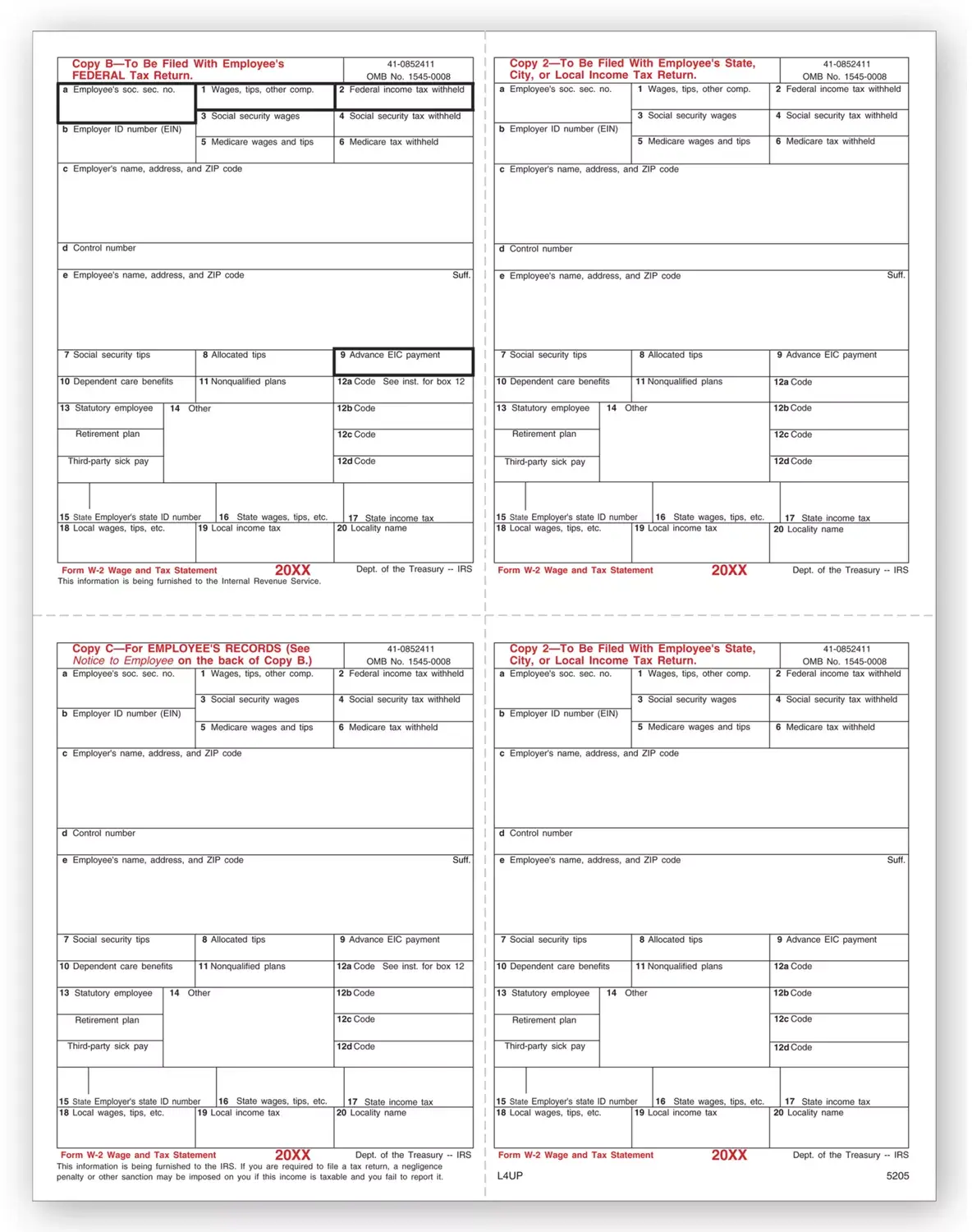Laser W-2 Tax Forms - 4-Up