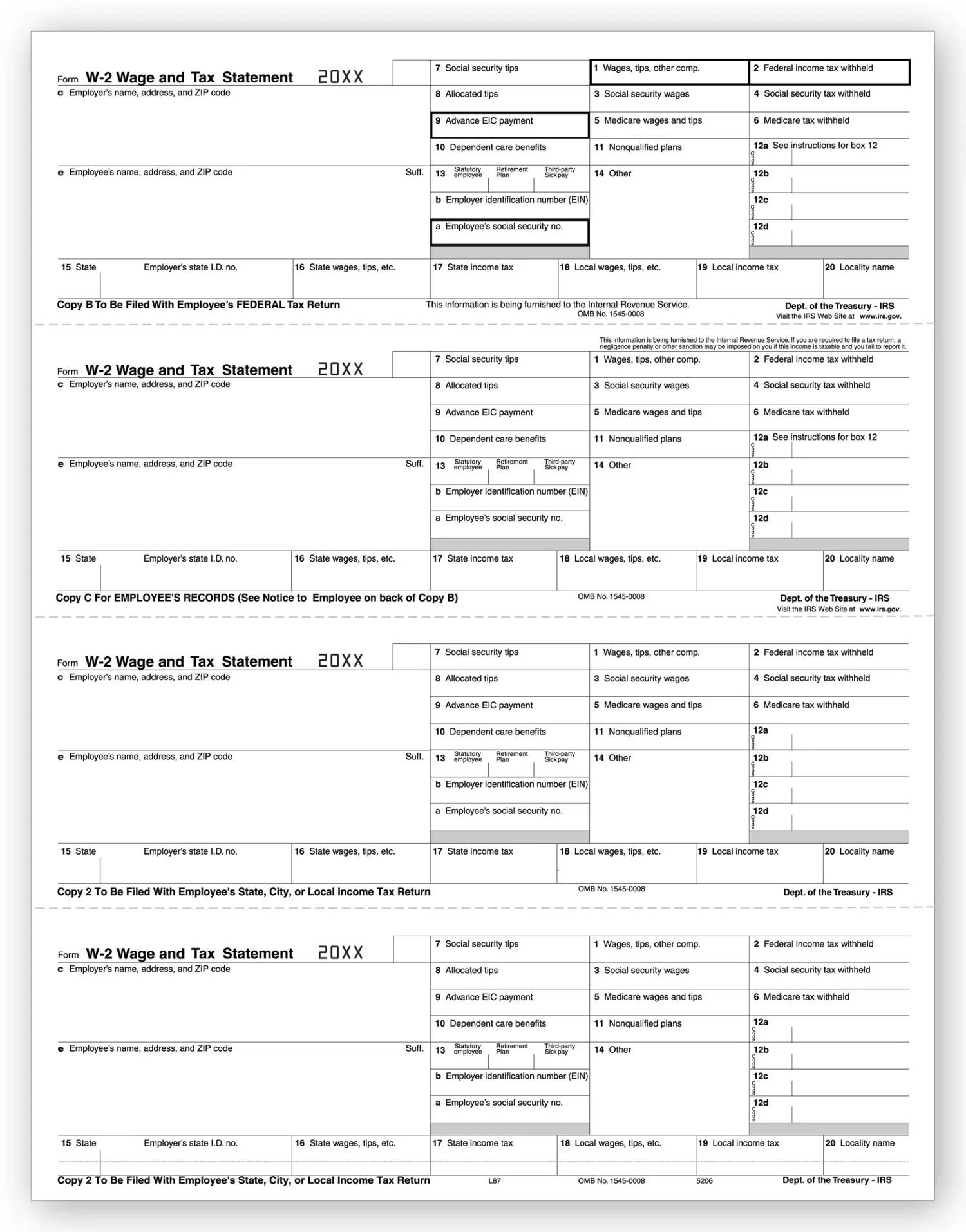 Laser W-2 Tax Forms - Horizontal Format, 4-Up