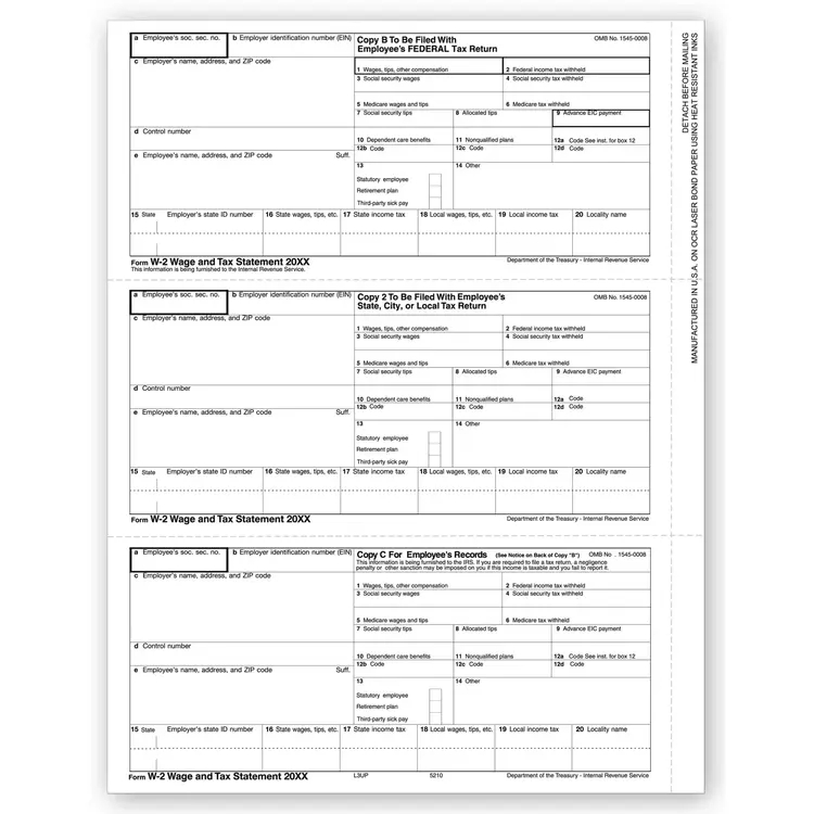 Laser W-2 Tax Forms - Horizontal Format, 3-Up