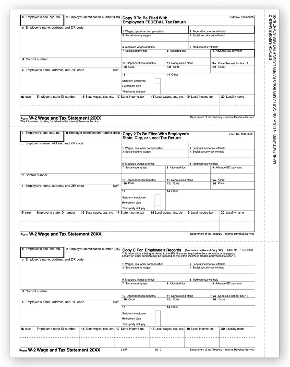 Laser W-2 Tax Forms - Horizontal Format, 3-Up