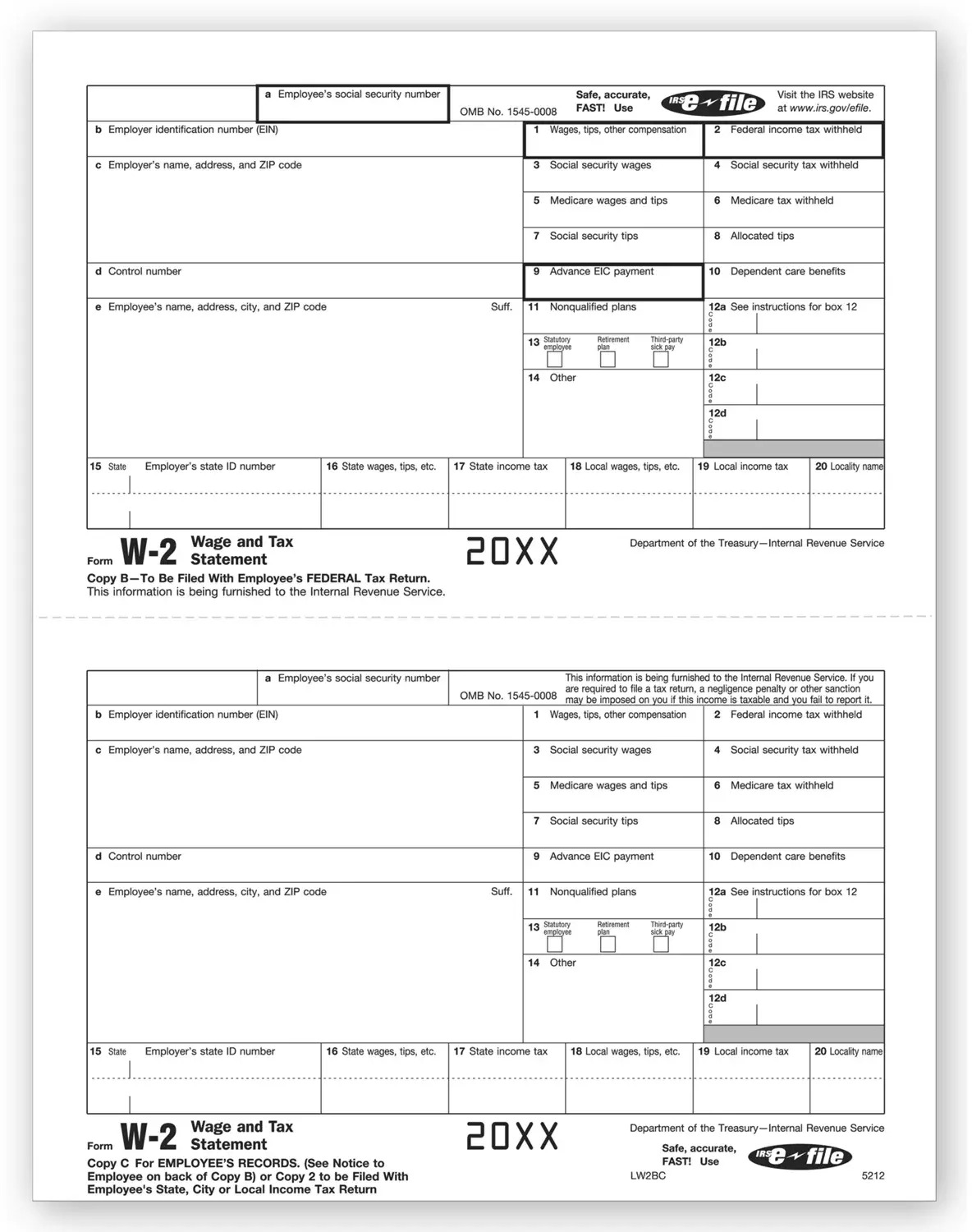 Laser W-2 Tax Forms -  Employee Copy B and C