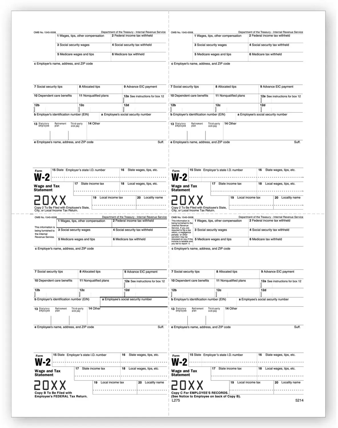4-Up Laser W-2 Tax Forms - Employee M