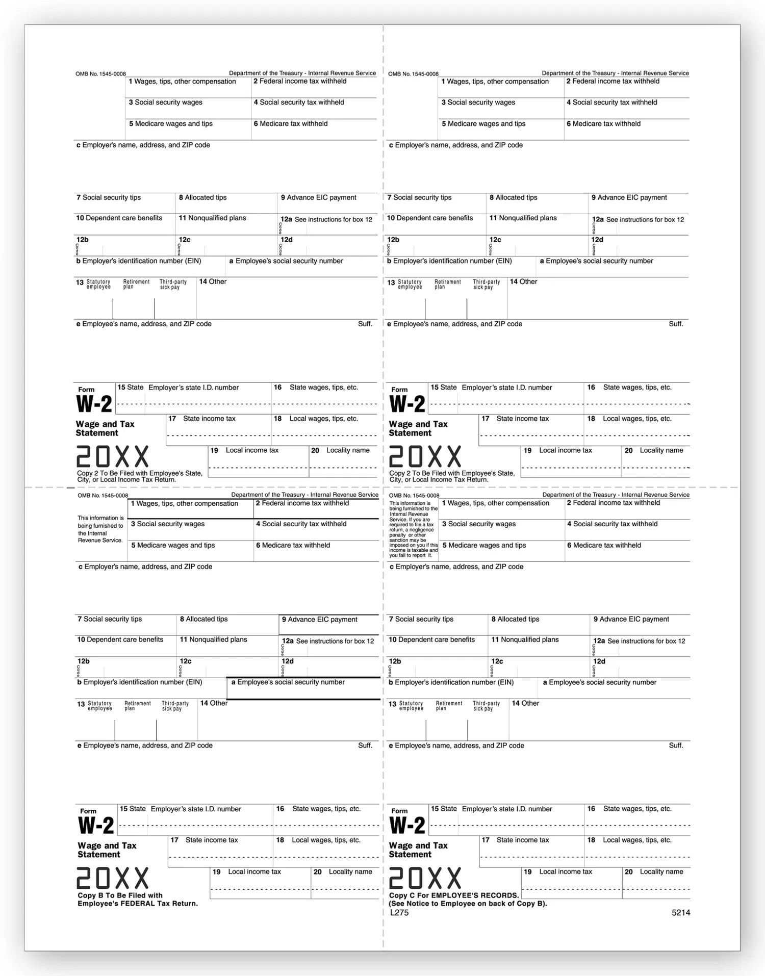 4-Up Laser W-2 Tax Forms - Employee M Style
