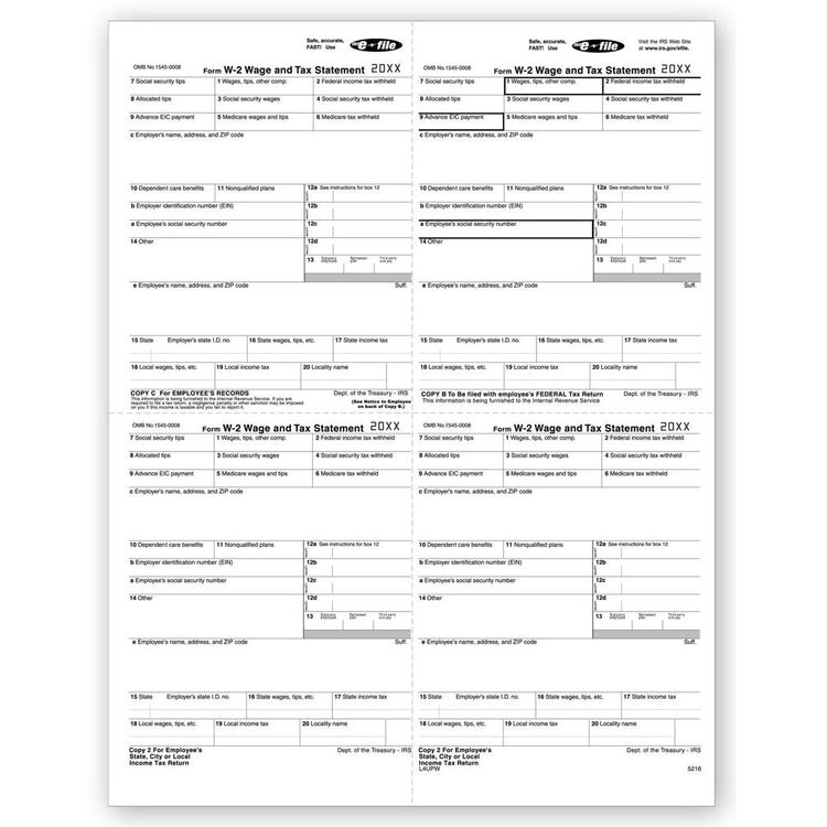 4-Up Laser W-2 Tax Forms - Employee W