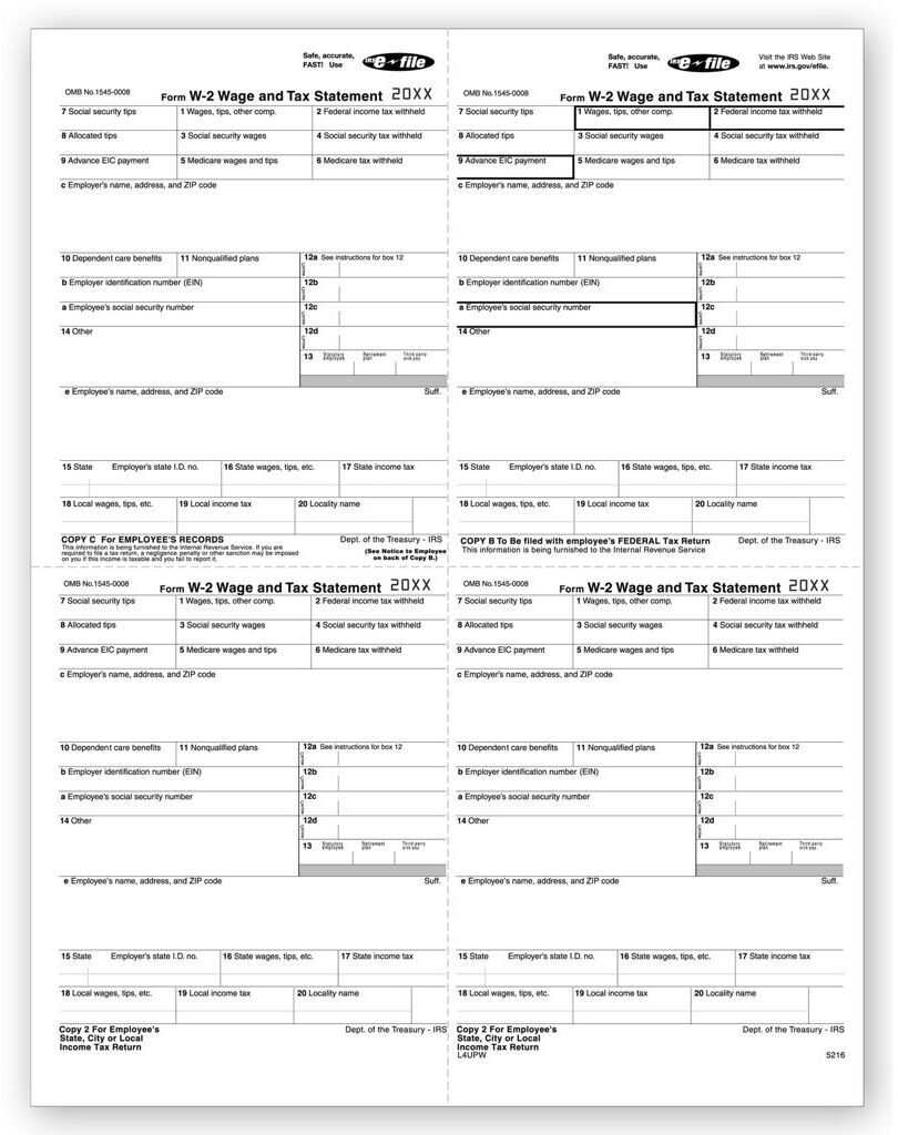 4-Up Laser W-2 Tax Forms - Employee W