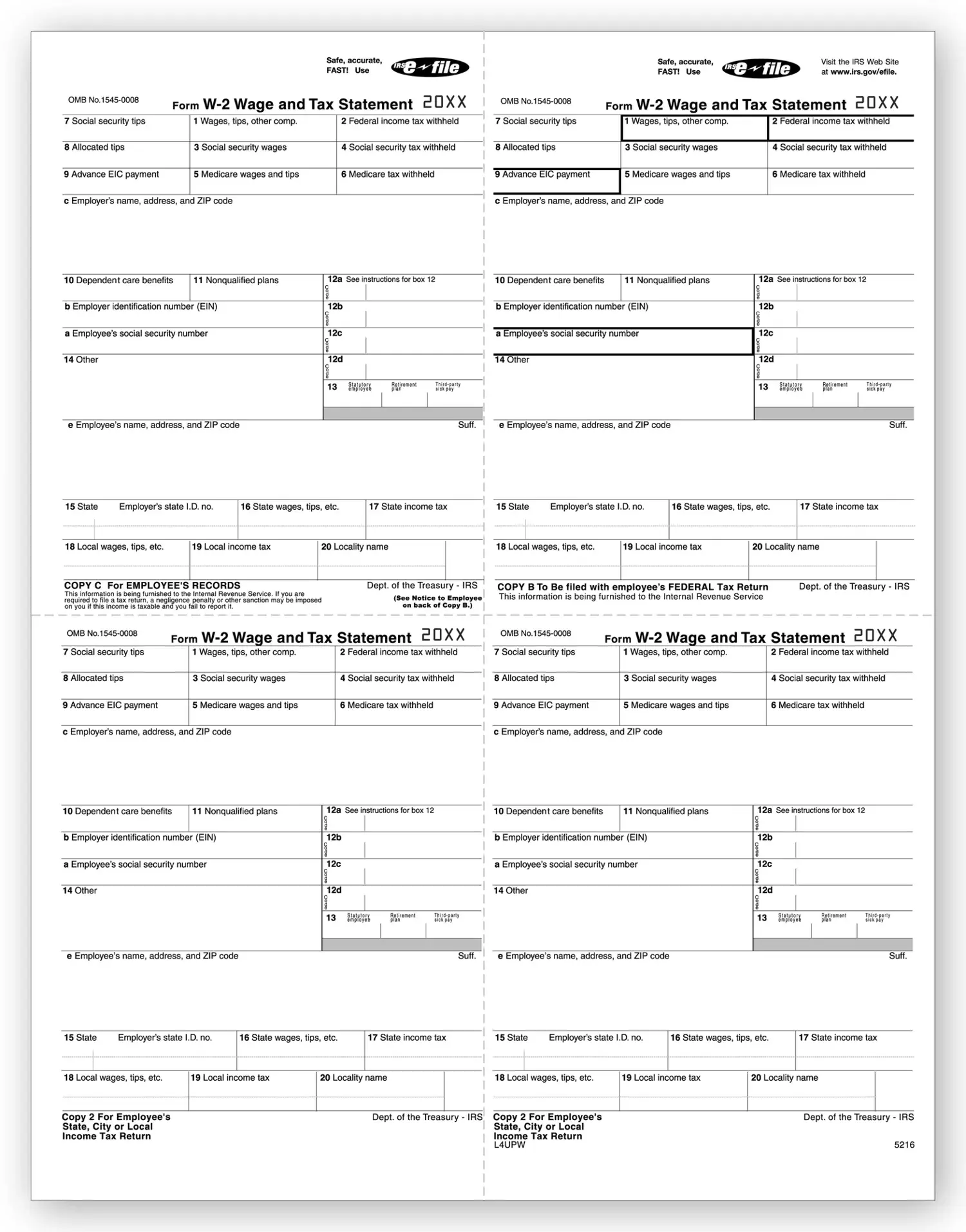 4-Up Laser W-2 Tax Forms - Employee Copy, W Style