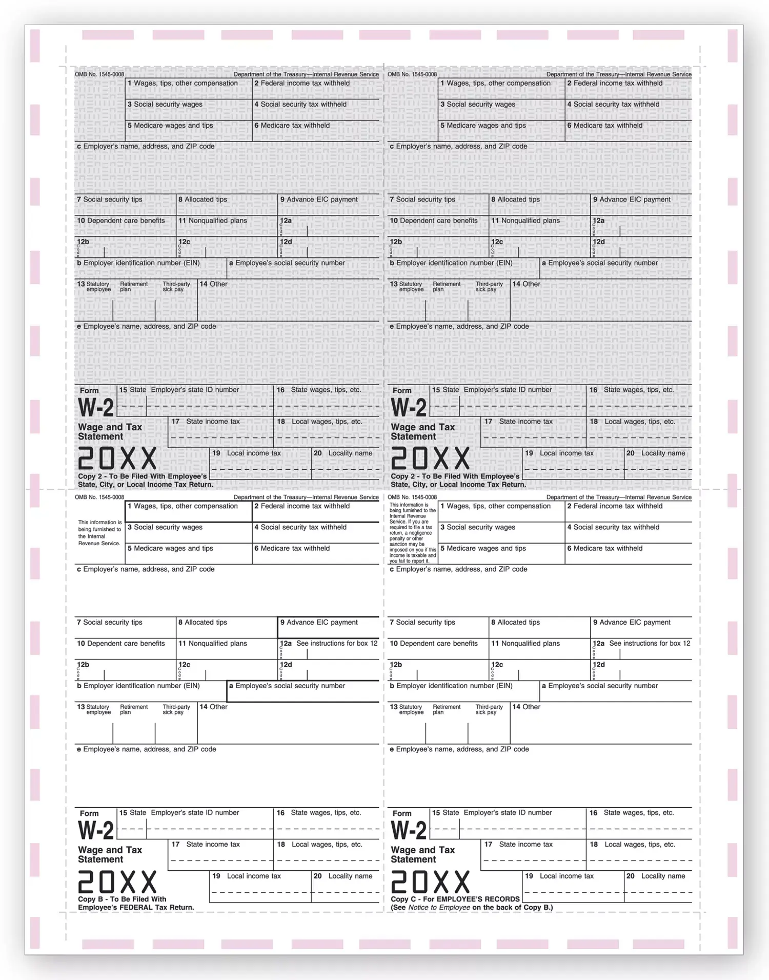4-Up Laser W-2 Tax Forms - Pressure Seal
