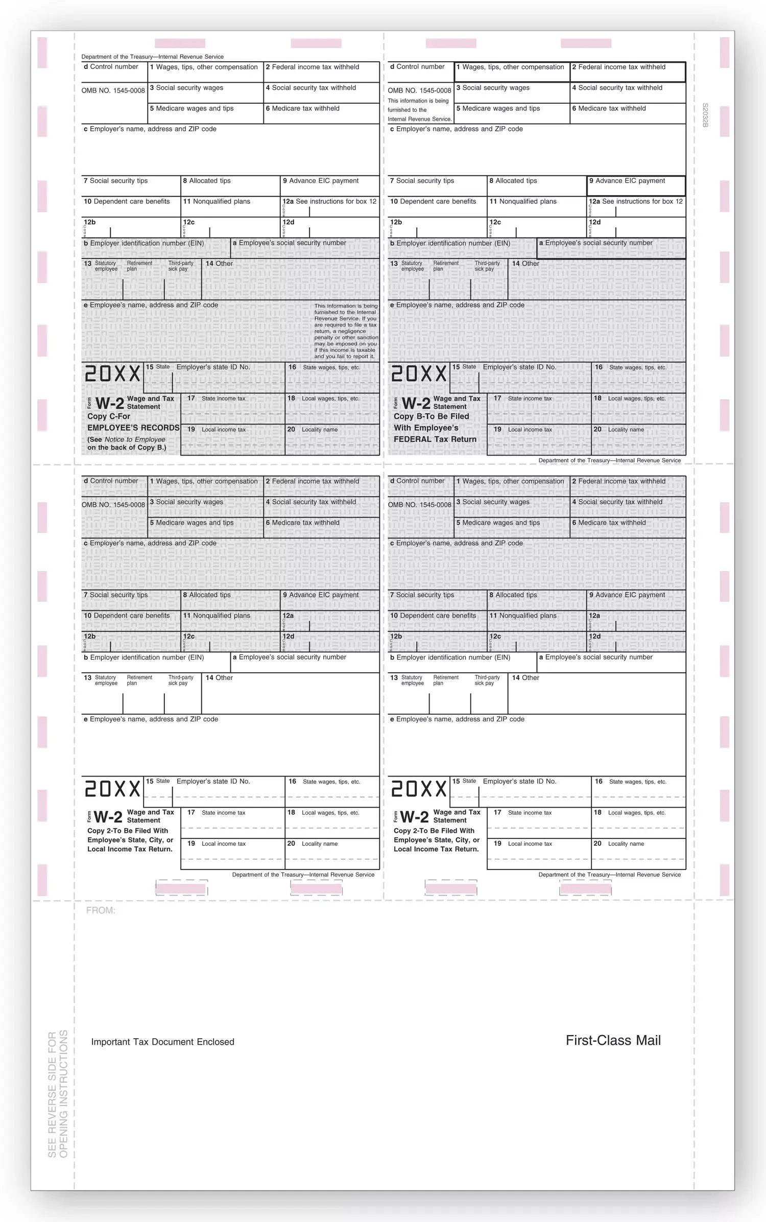 4-Up Laser W-2 Tax Forms - Pressure Seal