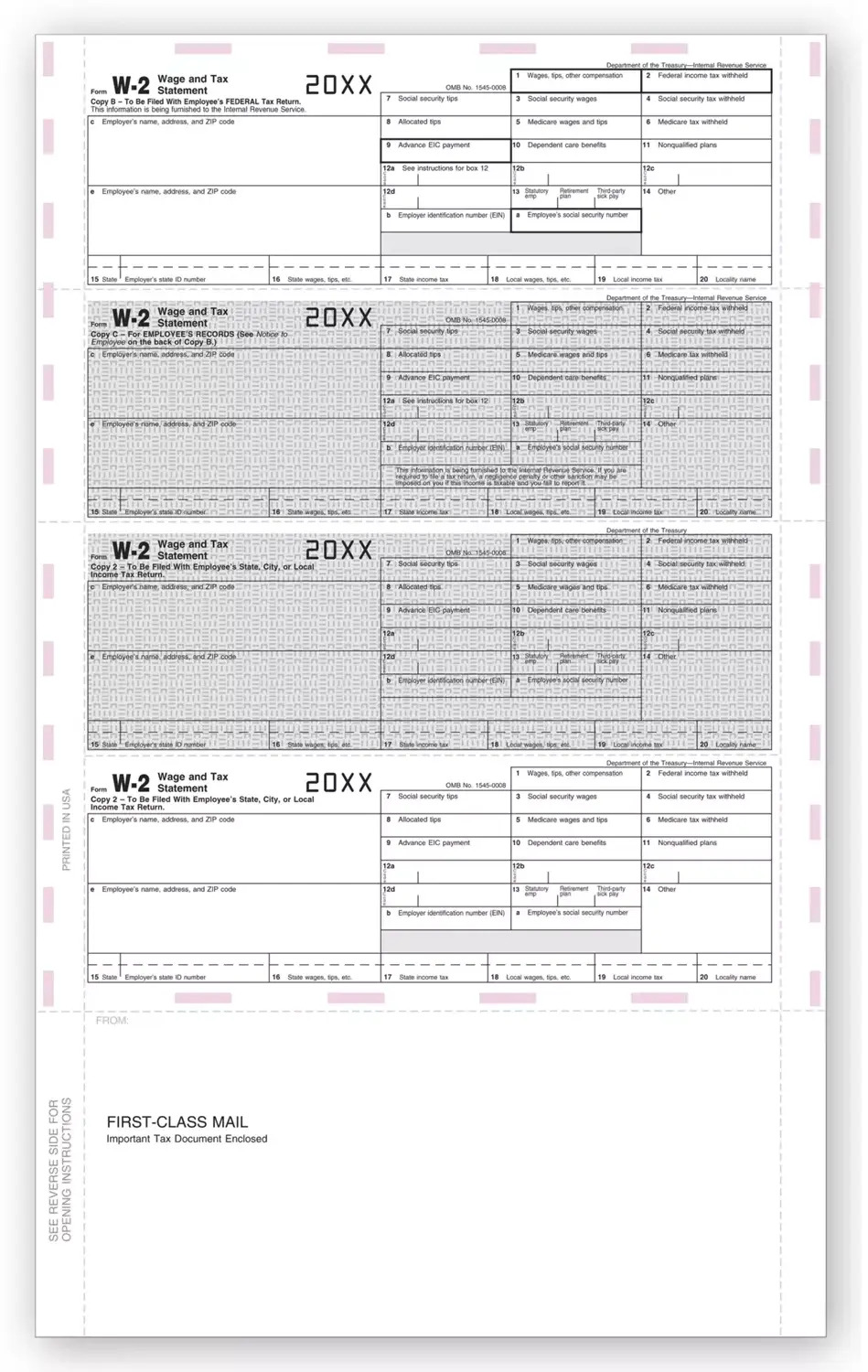 4-Up Laser W-2 Tax Forms - Horizontal, Pressure Seal