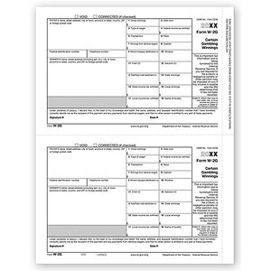 W-2G tax forms (2-up format) for reporting certain gambling winnings, on government-approved paper