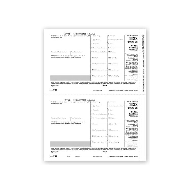 W-2G tax forms (2-up format) for reporting certain gambling winnings, on government-approved paper