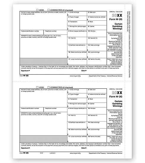 W-2G tax forms (2-up format) for reporting certain gambling winnings, on government-approved paper