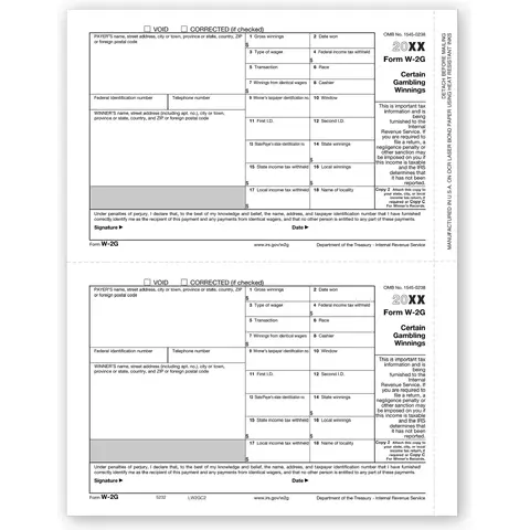 W-2G tax forms (2-up format) for reporting certain gambling winnings, on government-approved paper