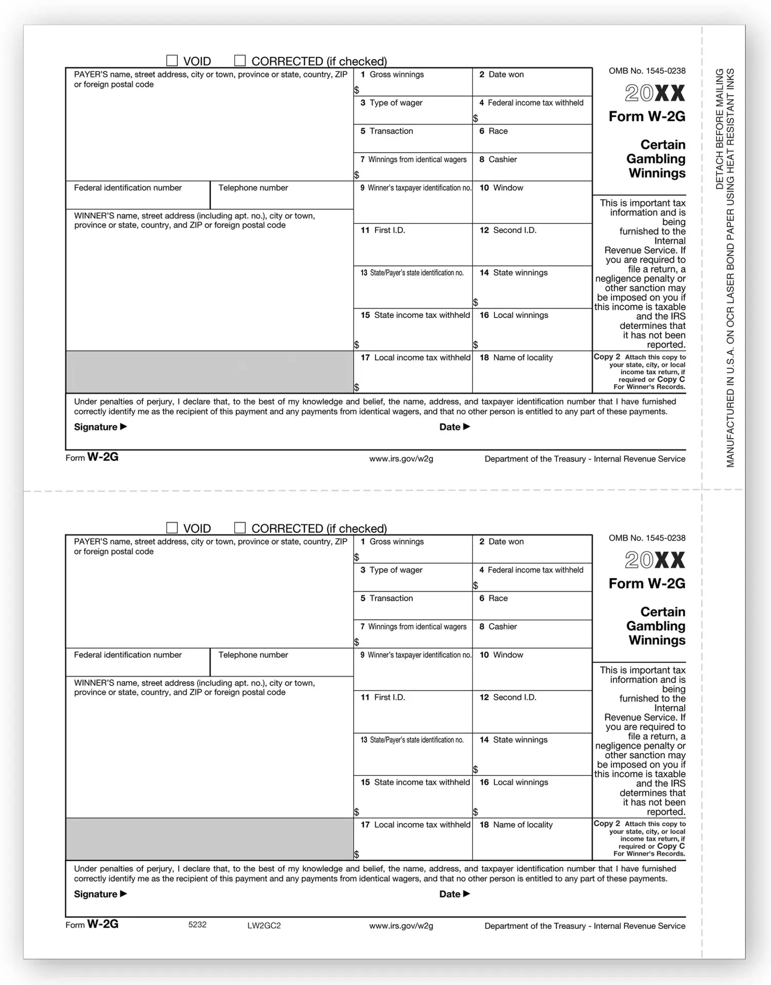 W-2G tax forms (2-up format) for reporting certain gambling winnings, on government-approved paper