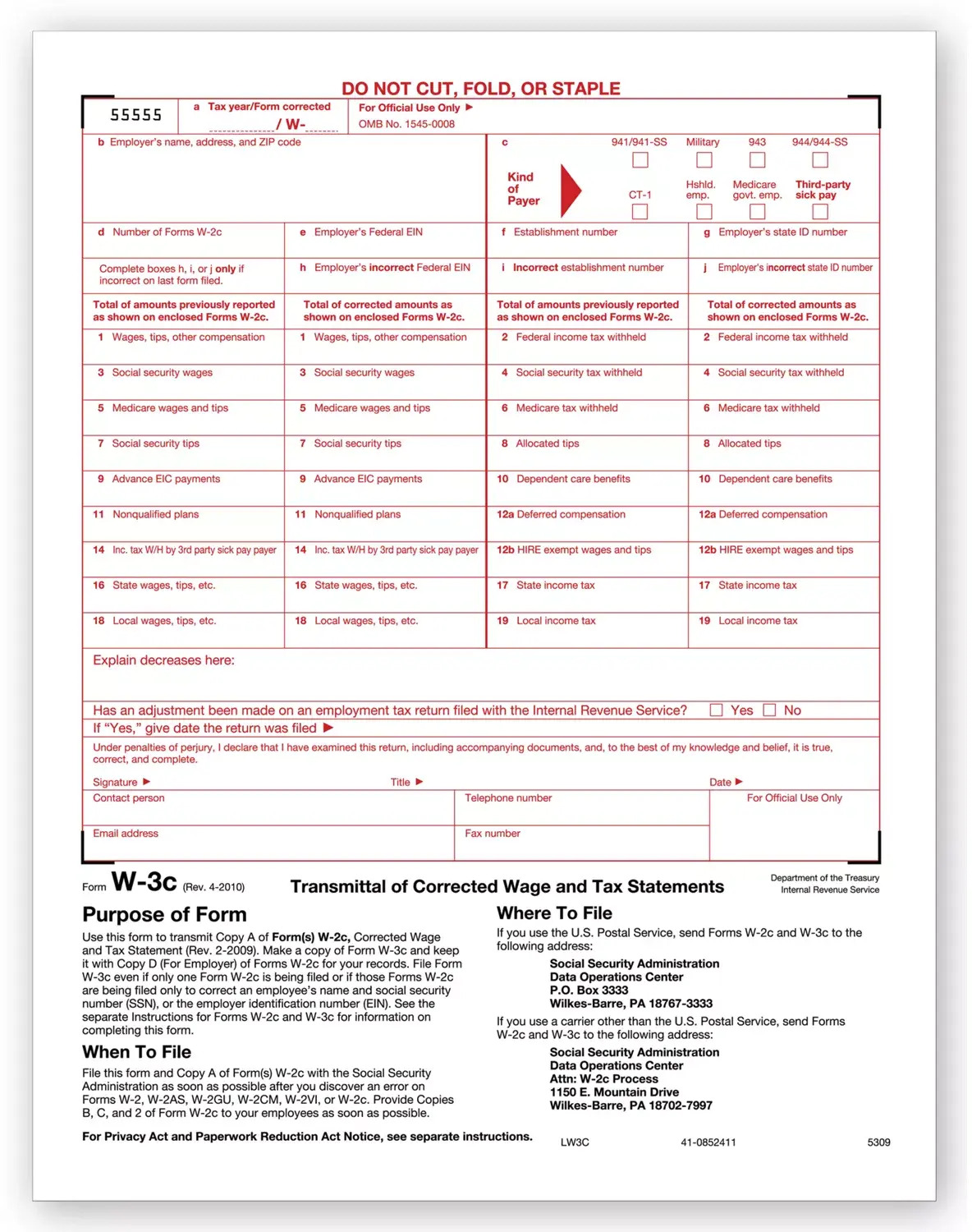 Laser W-3C Tax Forms - Transmittal of Income
