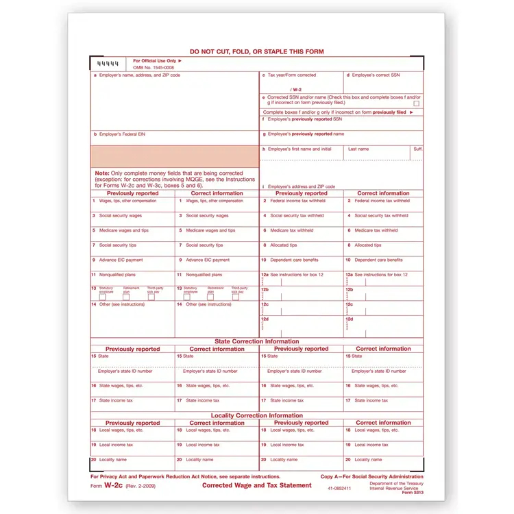 Laser W-2C Tax Forms - SSA Copy A