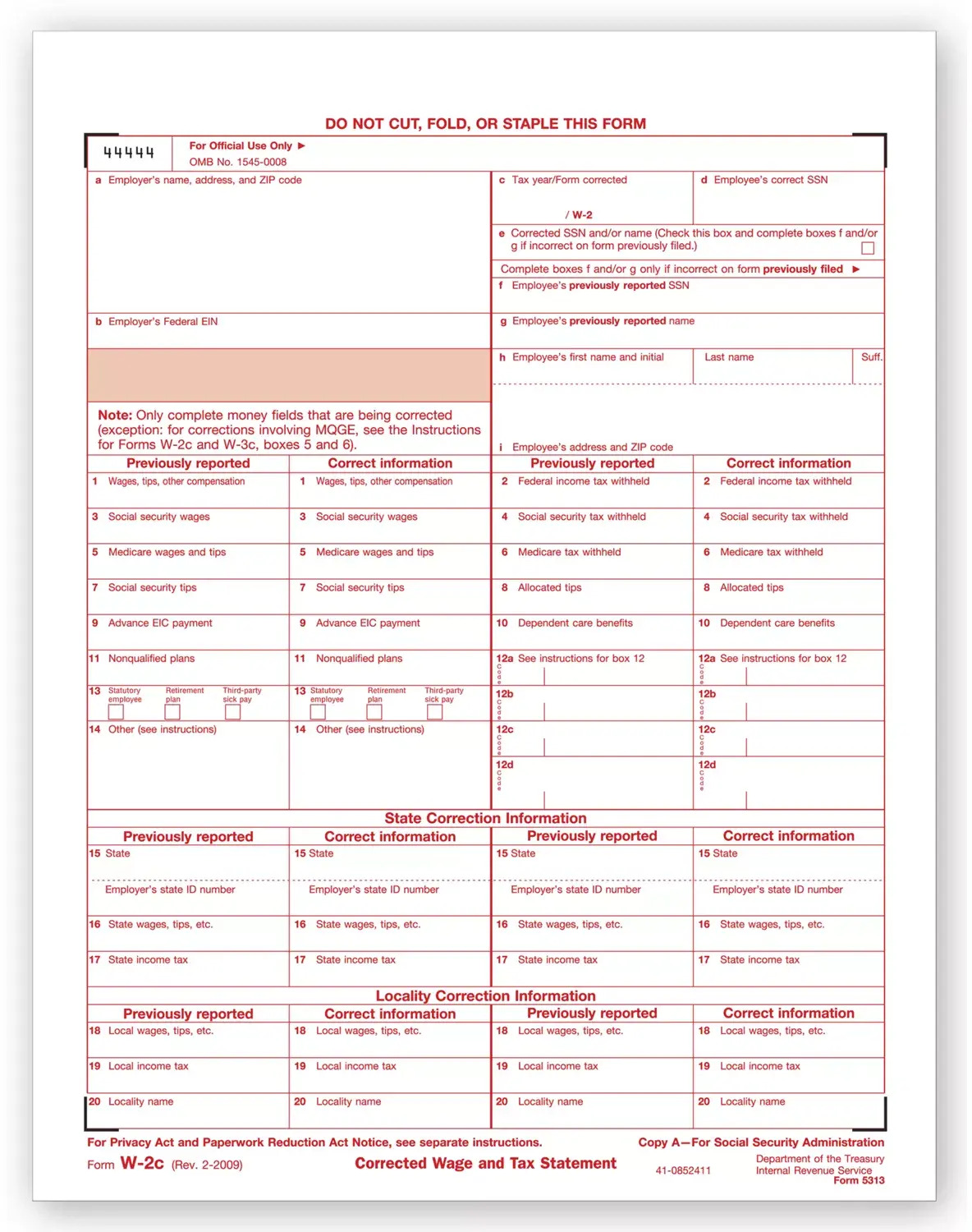 Laser W-2C Tax Forms - SSA Copy A