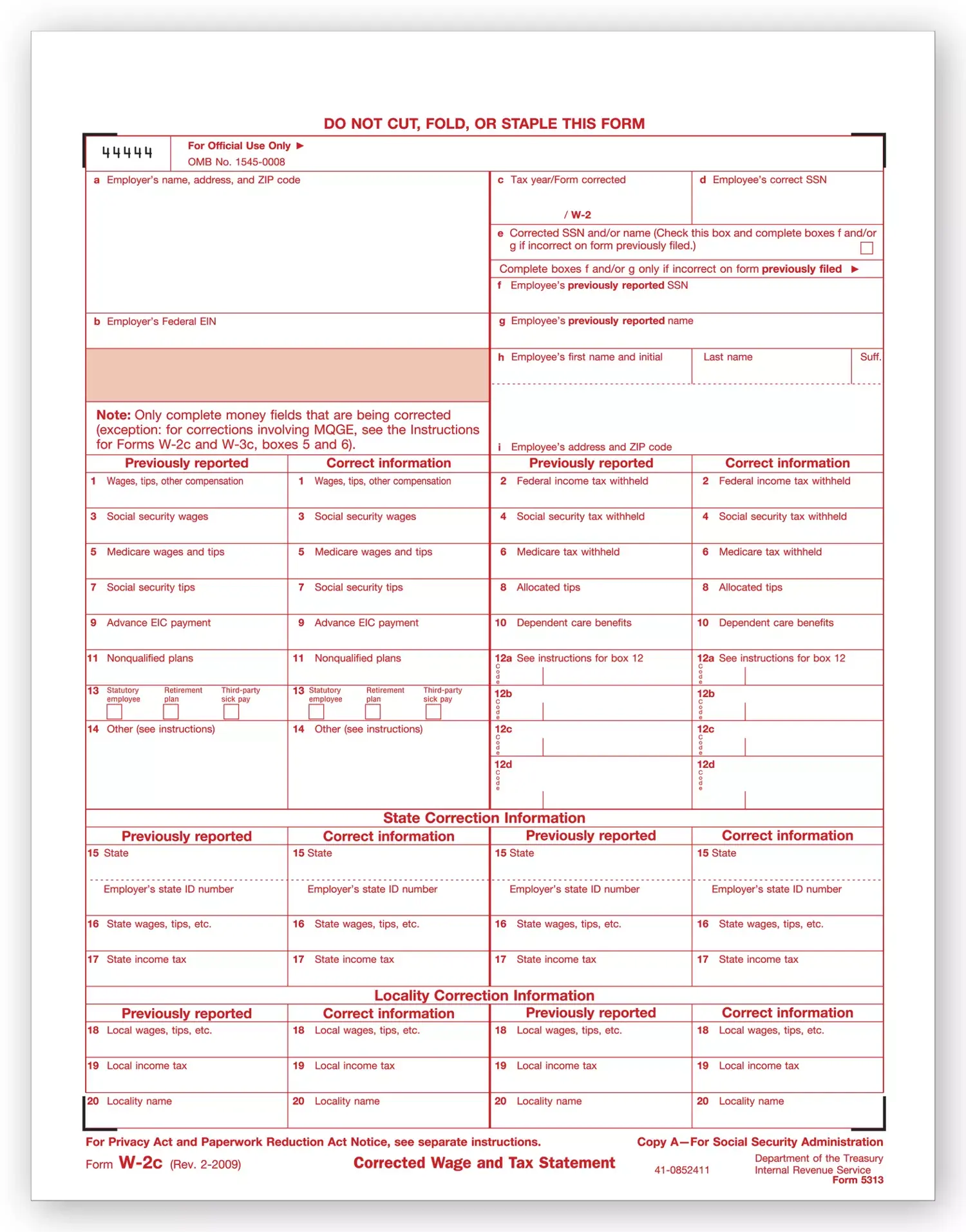 Laser W-2C Tax Forms - SSA Copy A