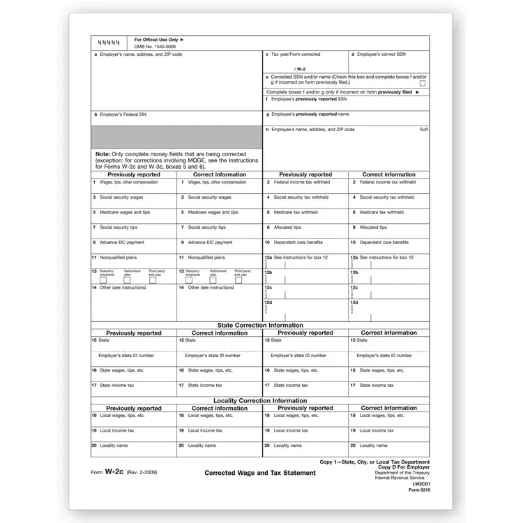Laser W-2C Tax Forms - State, City or Local Copy 1 or D