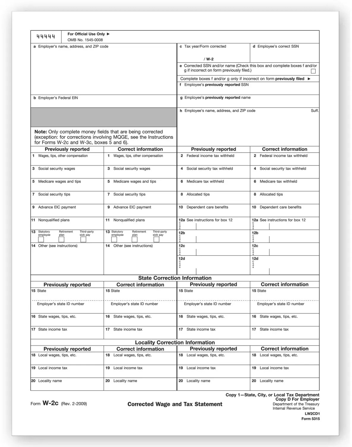 Laser W-2C Tax Forms - State, City or Local Copy 1 or D